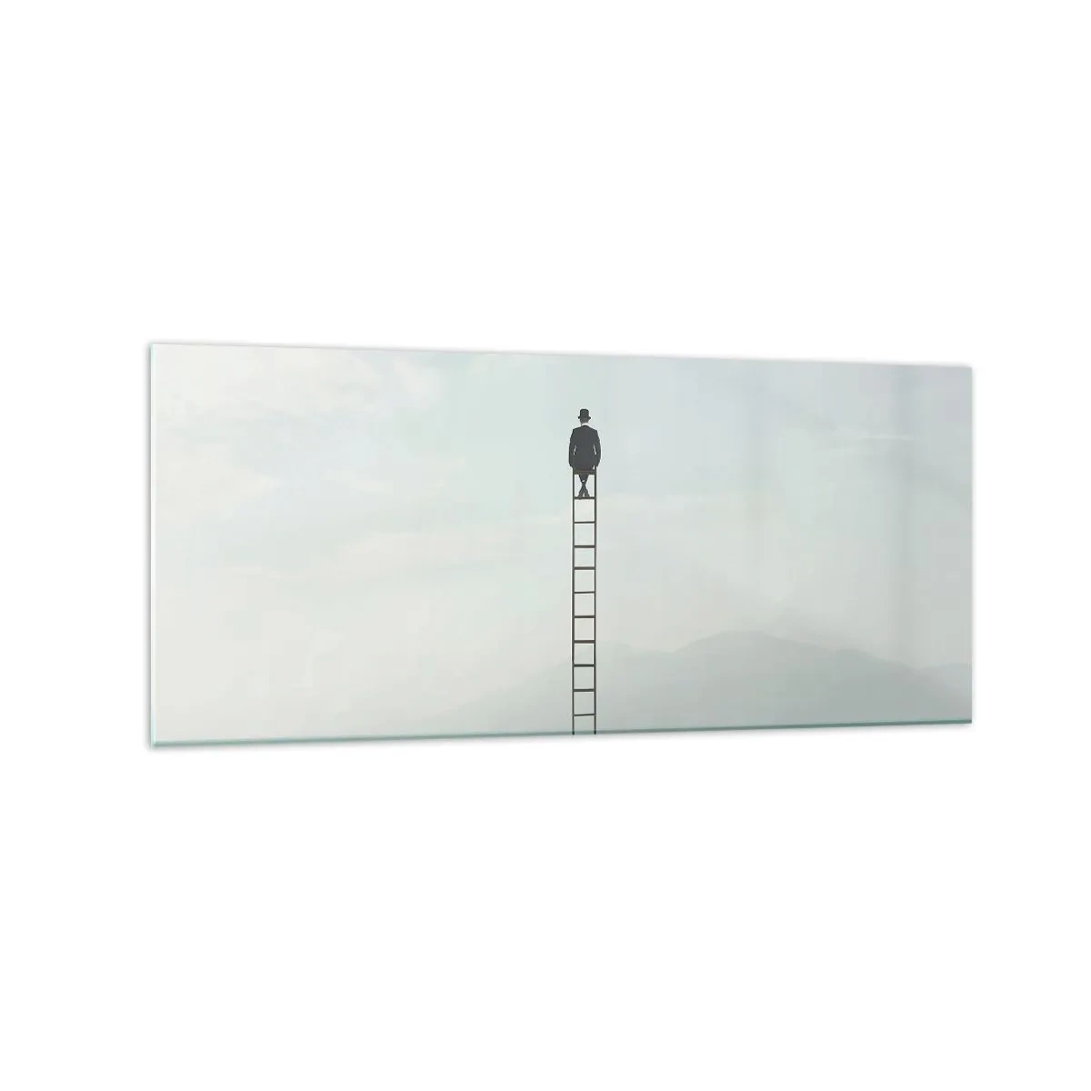 Impression sur verre - Image sur verre - Un homme sur une échelle s'élevant vers le ciel - 120x50cm - Se soulever au-dessus - Décoration murale moderne pour le salon et la chambre ARTTOR