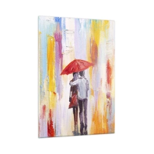 Impression sur verre - Image sur verre - Un couple tenant un parapluie rouge sous la pluie dans une rue colorée. - 50x70cm - Qu'il pleuve encore - Décoration murale moderne pour le salon et la chambre ARTTOR