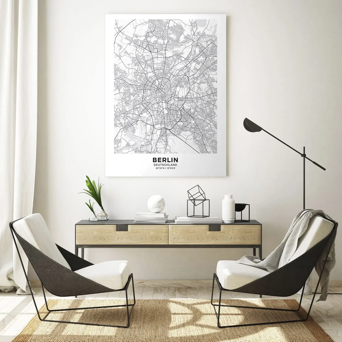 Impression sur verre - Image sur verre - Carte détaillée de la ville en noir et blanc - 70x100cm - Fleur de Berlin - Décoration murale moderne pour le salon et la chambre ARTTOR