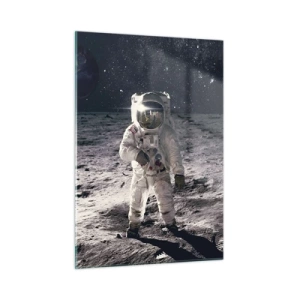 Impression sur verre - Image sur verre - Astronaute à la surface de la Lune avec la Terre en arrière-plan - 50x70cm - Salutations de la lune - Décoration murale moderne pour le salon et la chambre ARTTOR