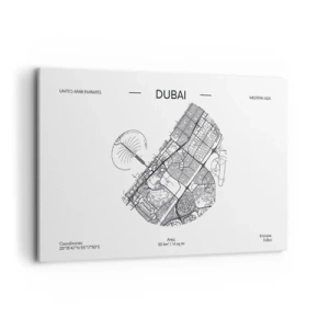 Impression sur toile - Image sur toile - Une carte minimaliste en noir et blanc de Dubaï avec des marquages de localisation. - 120x80cm - Anatomie de Dubaï - Décoration murale moderne pour le salon et la chambre ARTTOR