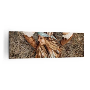 Impression sur toile - Image sur toile - Femme de style bohème allongée sur du foin - 160x50cm - En route vers les années d'amour - Décoration murale moderne pour le salon et la chambre ARTTOR