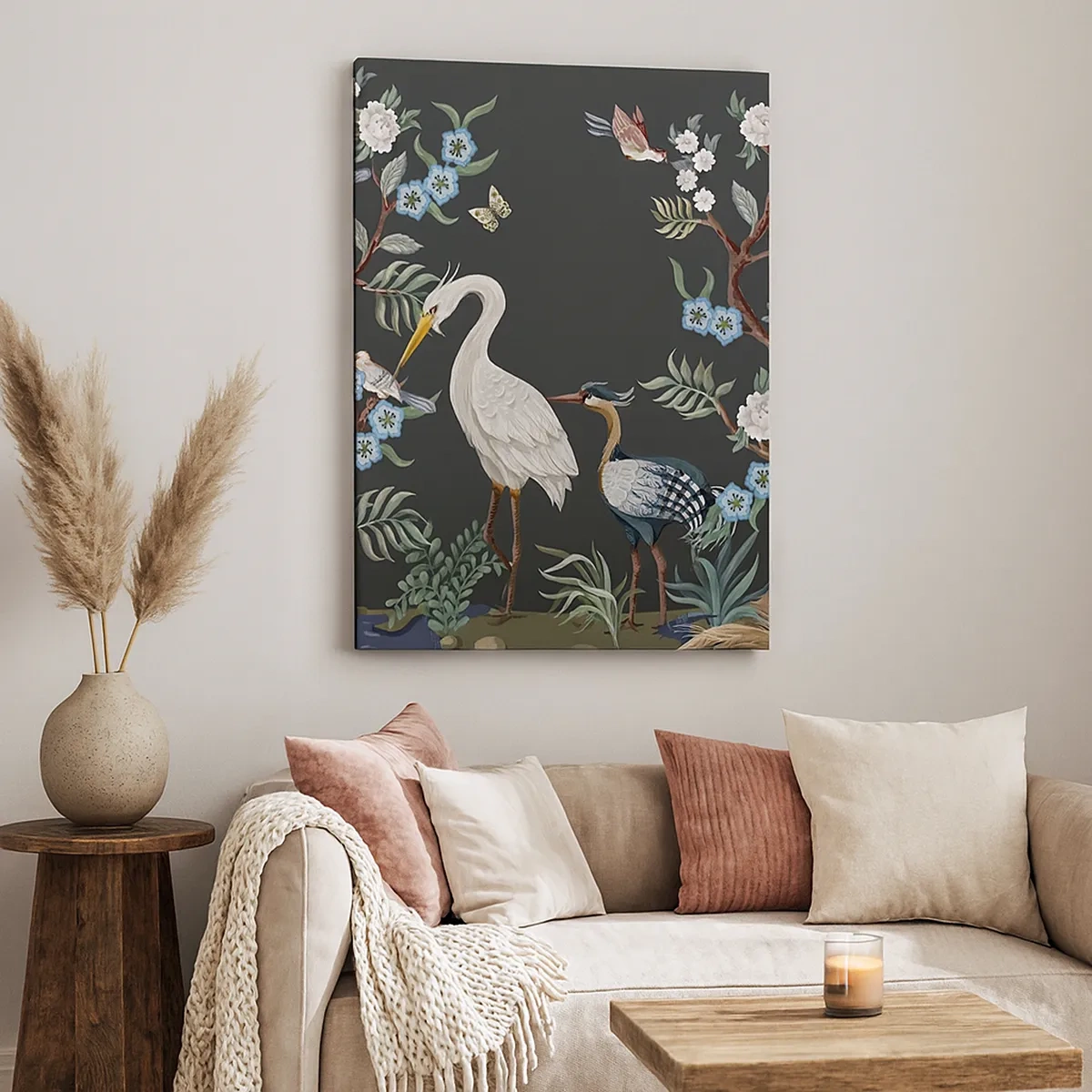 Impression sur toile - Image sur toile - Oiseaux et plantes peints sur un fond sombre avec un motif élégant - 50x70cm - Parade d'oiseaux - Décoration murale moderne pour le salon et la chambre ARTTOR