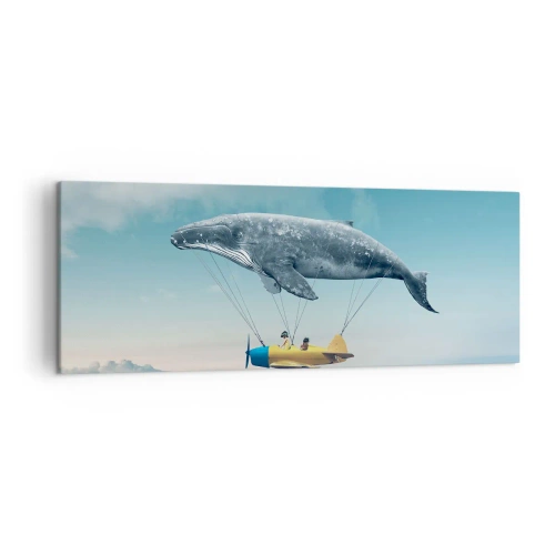 Impression sur toile - Image sur toile - Une baleine volante transporte un avion dans un décor surréaliste. - 140x50cm - Pourquoi pas? - Décoration murale moderne pour le salon et la chambre ARTTOR