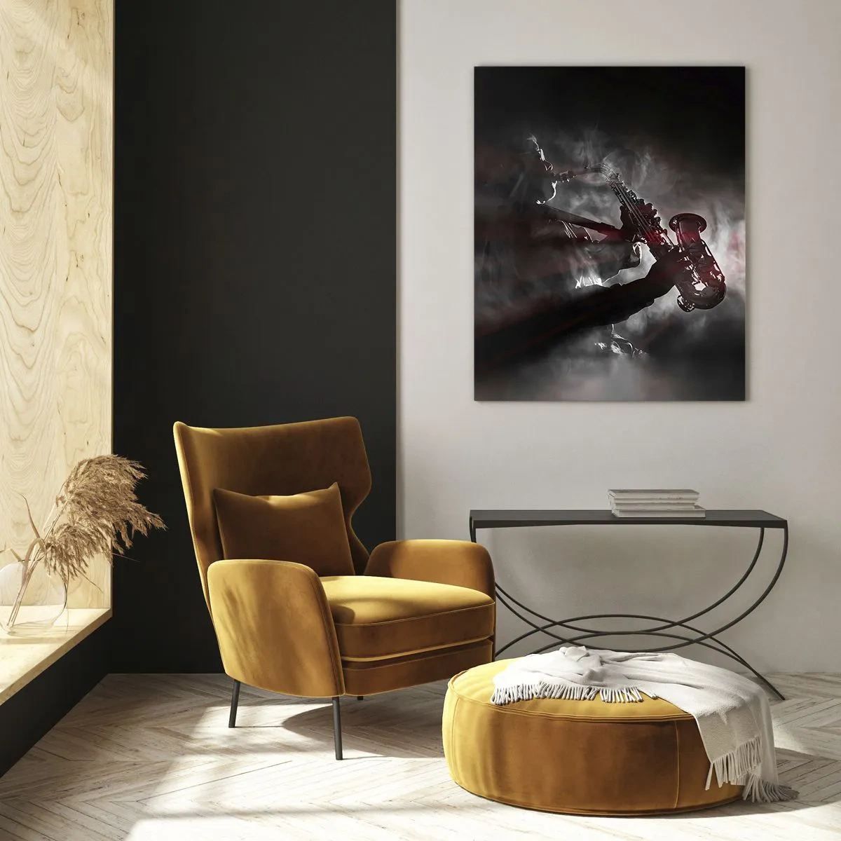 Impression sur verre - Image sur verre - Saxophoniste en fumée sur scène en noir et rouge atmosphérique - 70x100cm - Dans les brumes du jazz - Décoration murale moderne pour le salon et la chambre ARTTOR