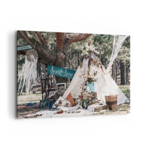 Impression sur toile - Image sur toile - Décoration bohème avec un tipi dans la forêt - 100x70cm - Make love… - Décoration murale moderne pour le salon et la chambre ARTTOR