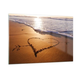 Impression sur verre - Image sur verre - Un cœur dessiné dans le sable illuminé par les rayons du soleil - 120x80cm - Confession de vacances - Décoration murale moderne pour le salon et la chambre ARTTOR