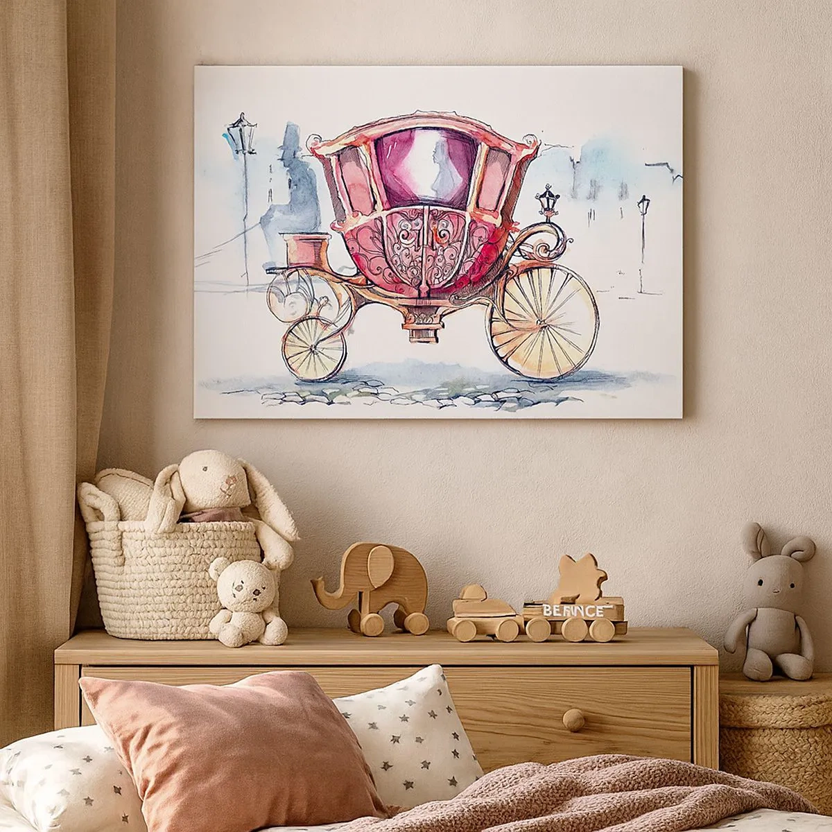 Impression sur toile - Image sur toile - Une illustration élégante d'une voiture ancienne aux couleurs pastel. - 70x50cm - À un mariage ou à un bal ? - Décoration murale moderne pour le salon et la chambre ARTTOR