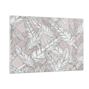 Impression sur verre - Image sur verre - Feuilles noires et blanches sur fond beige dans un style graphique - 120x80cm - Un tourbillon de plumes - Décoration murale moderne pour le salon et la chambre ARTTOR