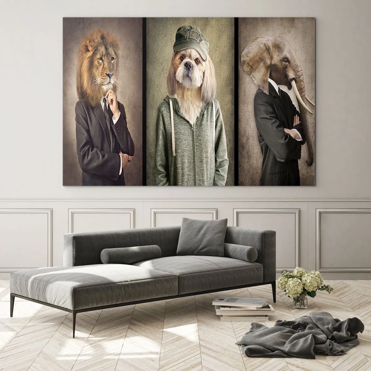Impression sur verre - Image sur verre - Trois animaux aux styles variés, de l'élégant au décontracté - 70x50cm - je préfère plus détendu - Décoration murale moderne pour le salon et la chambre ARTTOR
