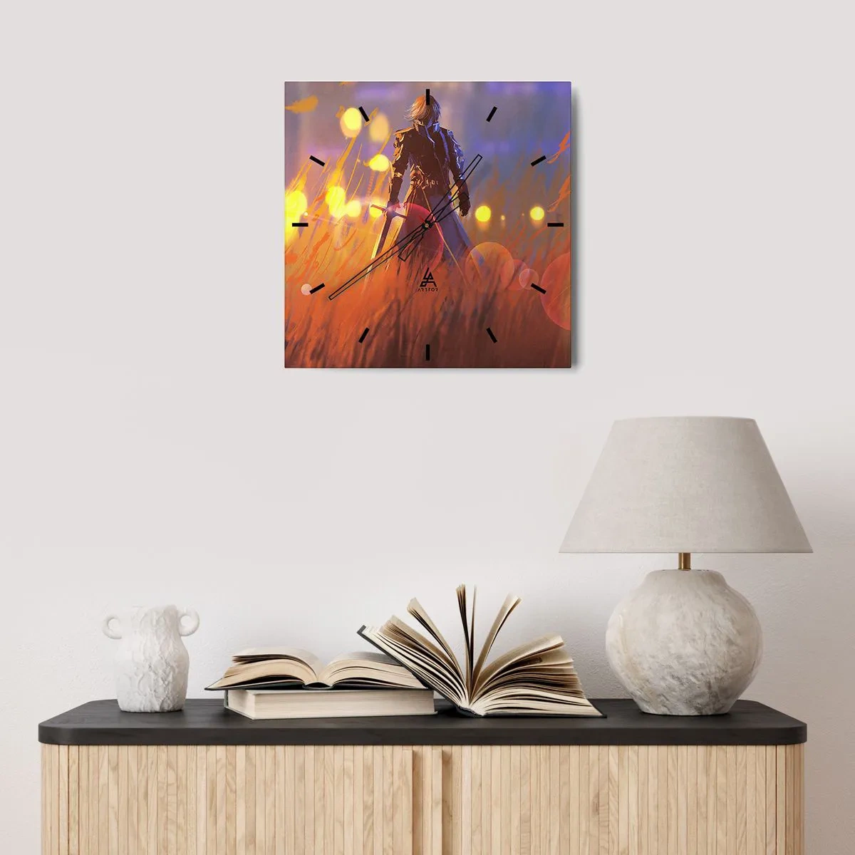 Horloge murale - Pendule murale - La figure d'un chevalier à la lumière du soleil couchant dans un champ - 30x30cm - Chevalier errant - Décoration murale moderne pour le salon et la chambre ARTTOR