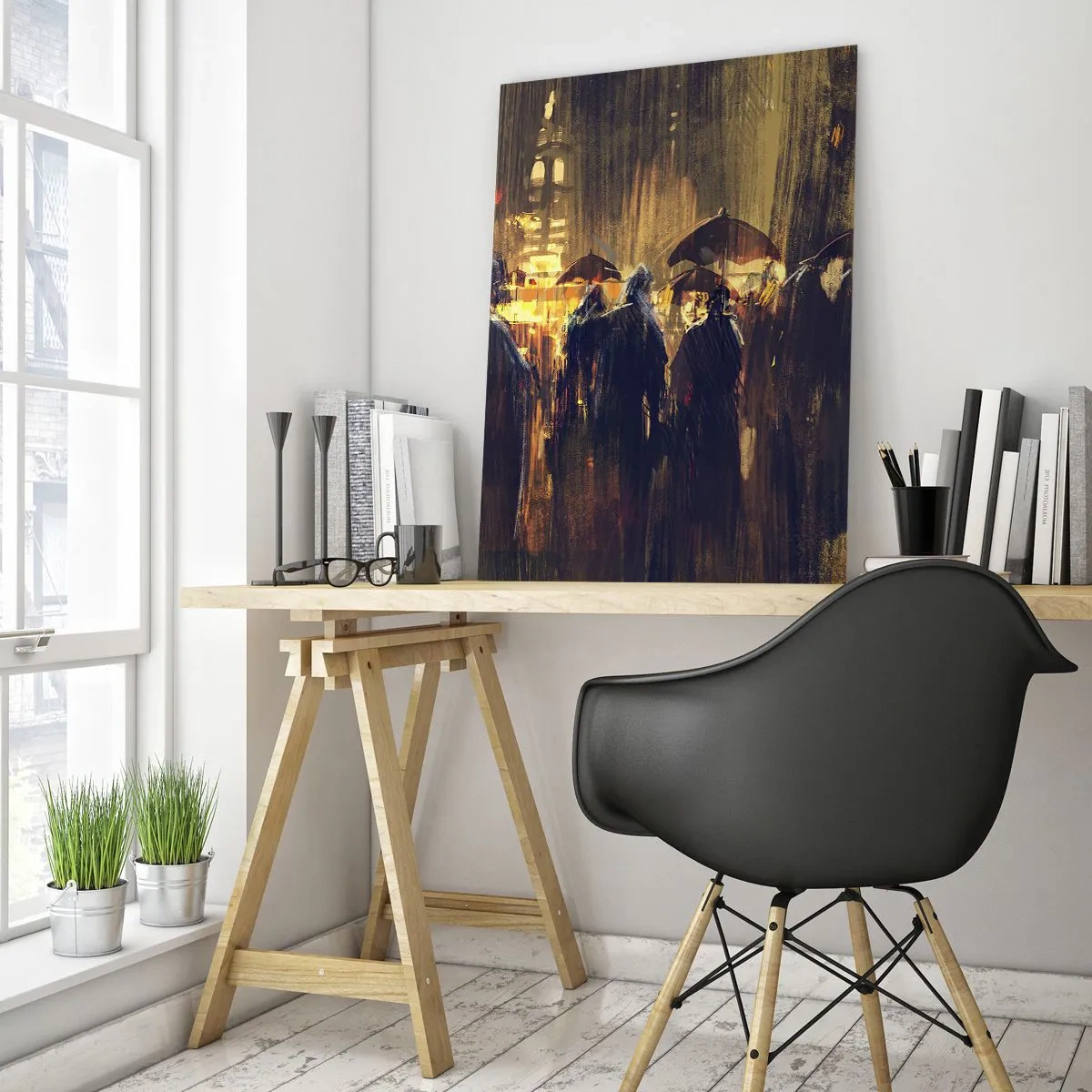 Impression sur verre - Image sur verre - Une foule avec des parapluies sous la pluie sur fond de lumières de la ville - 50x70cm - Adeptes de la pluie - Décoration murale moderne pour le salon et la chambre ARTTOR
