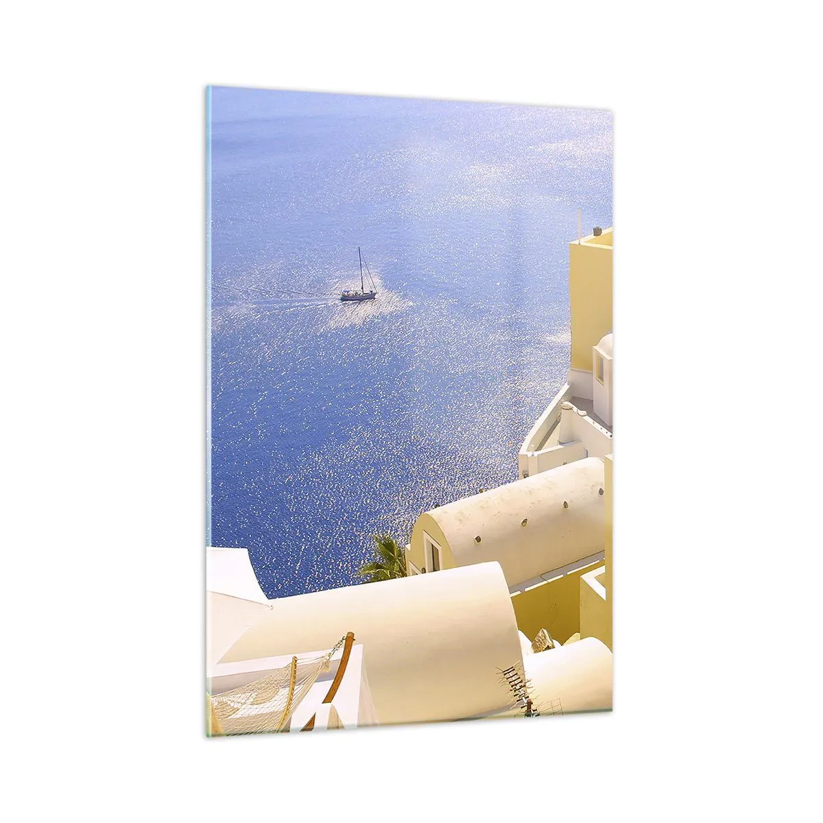 Impression sur verre - Image sur verre - Vue de Santorin avec la mer bleue et les bâtiments blancs - 50x70cm - Paysage grec en blanc et bleu ciel - Décoration murale moderne pour le salon et la chambre ARTTOR