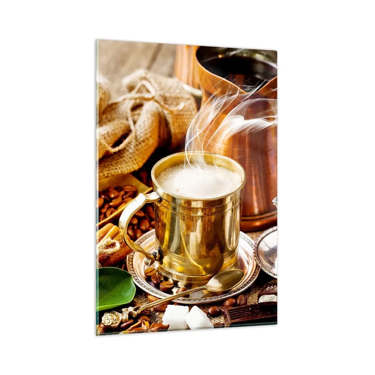 Impression sur verre - Image sur verre - Une tasse de café dorée entourée de grains, de cruches et de croissants - 80x120cm - Bonne journée! - Décoration murale moderne pour le salon et la chambre ARTTOR