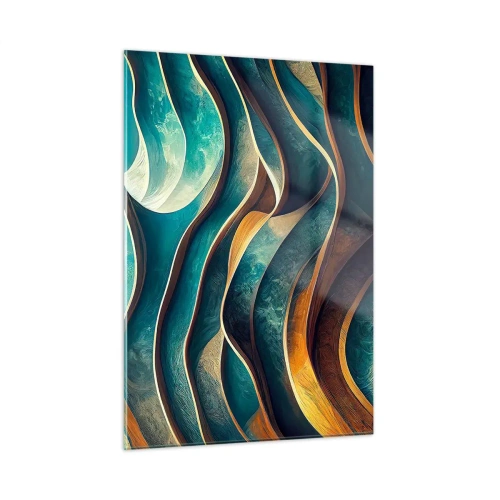Impression sur verre - Image sur verre - Lignes dynamiques en bleu et cuivre créant des vagues - 50x70cm - Méandres de bleu - Décoration murale moderne pour le salon et la chambre ARTTOR