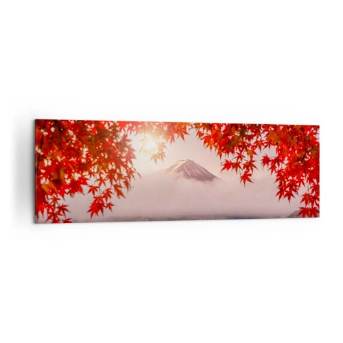 Impression sur toile - Image sur toile - Un bateau sur un lac entouré de feuilles d'érable rouges - 160x50cm - Dans le climat japonais - Décoration murale moderne pour le salon et la chambre ARTTOR