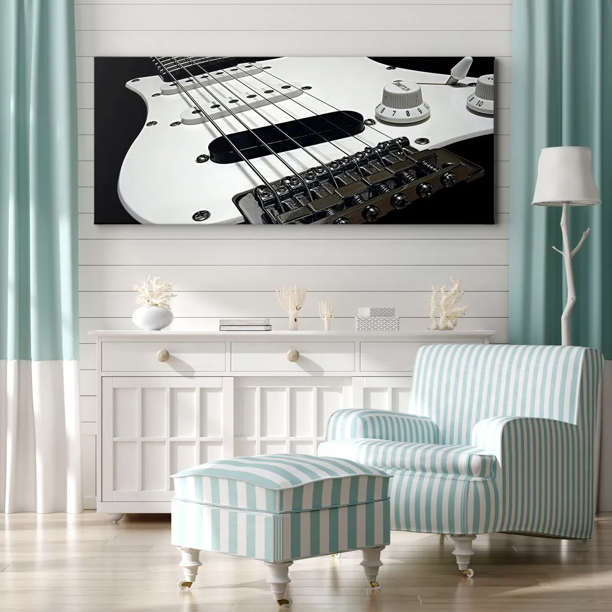 Impression sur toile - Image sur toile - Gros plan d'une guitare électrique blanche sur fond noir. - 140x50cm - Son caché en blanc - Décoration murale moderne pour le salon et la chambre ARTTOR