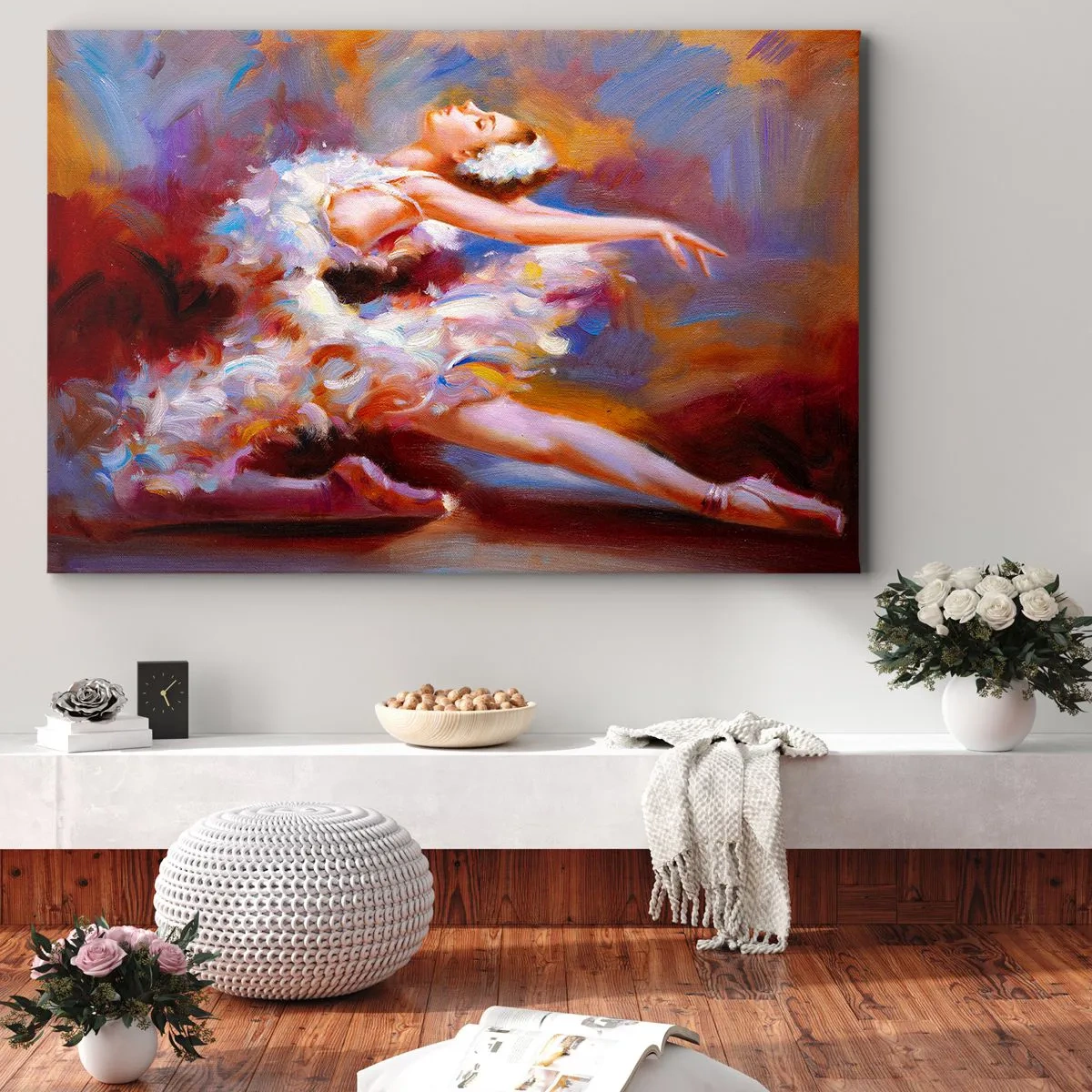 Impression sur toile - Image sur toile - Une ballerine dans une pose dynamique parmi des couleurs pastel. - 120x80cm - La grâce du cygne - Décoration murale moderne pour le salon et la chambre ARTTOR