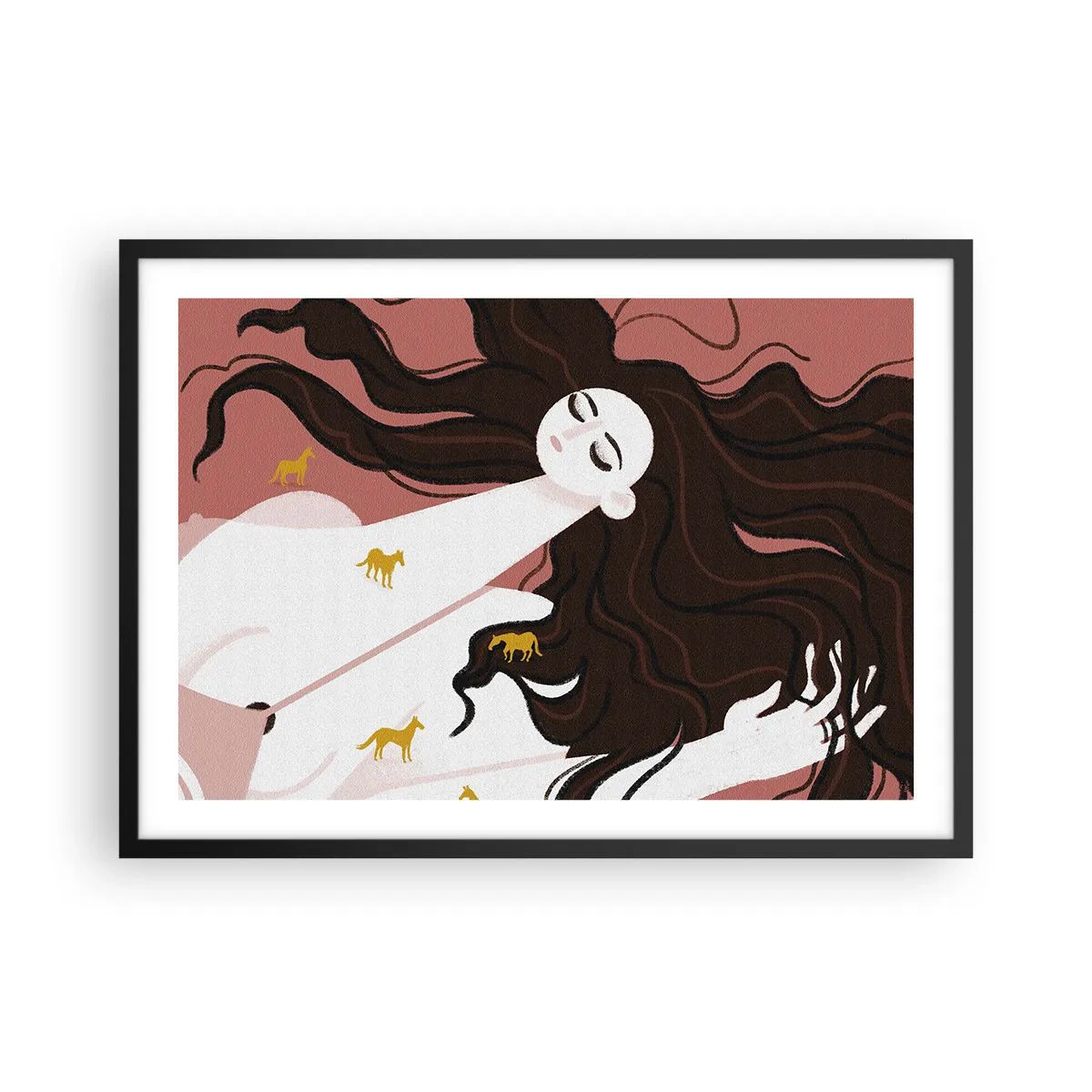 Affiche dans un cadre noir - Poster - Une silhouette aux yeux fermés entourée de chevaux dorés - 70x50cm - Rêve d'un cheval d'or - Décoration murale moderne pour le salon et la chambre ARTTOR