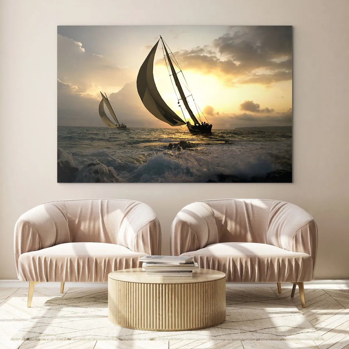 Impression sur verre - Image sur verre - Voiliers dans une mer agitée au coucher du soleil - 70x50cm - Avec le vent et contre le vent - Décoration murale moderne pour le salon et la chambre ARTTOR