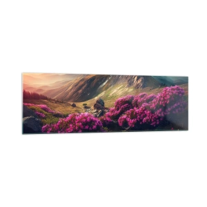 Impression sur verre - Image sur verre - Paysage de montagne avec des rhododendrons en fleurs - 160x50cm - L'été à la montagne - Décoration murale moderne pour le salon et la chambre ARTTOR
