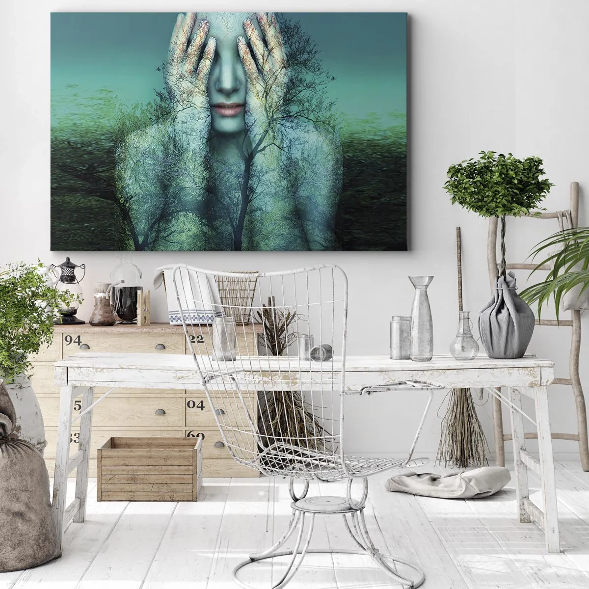 Impression sur toile - Image sur toile - Une figure de femme avec un motif d'arbre sur un fond de paysage turquoise - 100x70cm - immergé dans l'azur - Décoration murale moderne pour le salon et la chambre ARTTOR