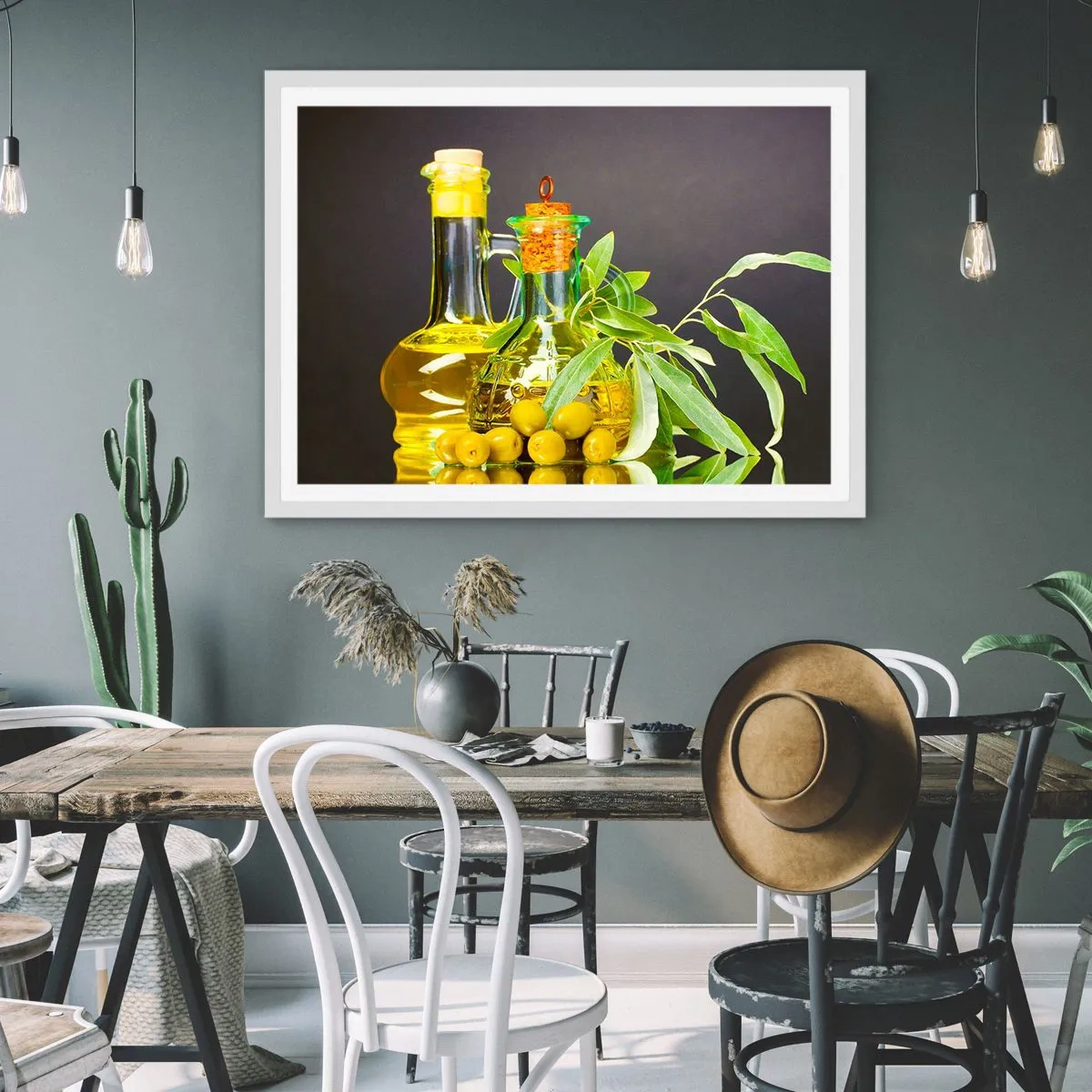 Affiche dans un cadre blanc - Poster - Nature morte aux olives et à l'huile d'olive - 40x30 cm