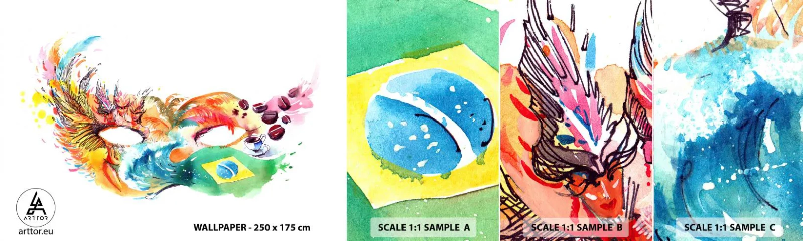 Échantillon de Papier Peint Autocollant Deluxe Sticker - Le Brésil accueille la samba - Capot, Carnaval, Abstraction - 100x30 cm