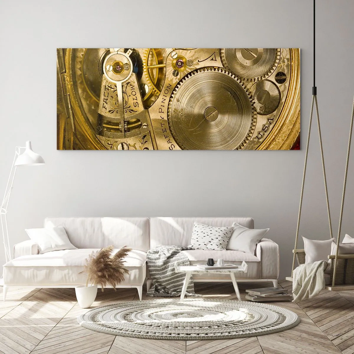 Impression sur verre - Image sur verre - Mécanisme de montre avec engrenages et détails visibles - 160x50cm - Marcher avec son temps - Décoration murale moderne pour le salon et la chambre ARTTOR