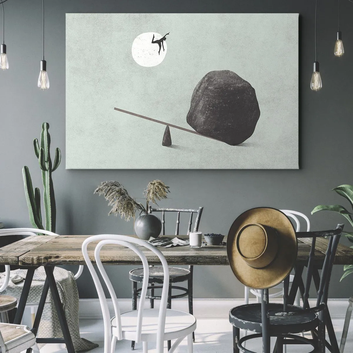 Impression sur toile - Image sur toile - Une scène symbolique avec une figure et un équilibre sur un ciel lumineux. - 120x80cm - Réalisation de ses rêves - Décoration murale moderne pour le salon et la chambre ARTTOR