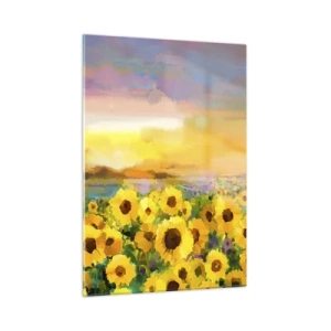 Impression sur verre - Image sur verre - Un champ de tournesols à la lumière du soleil couchant - 50x70cm - Le soleil lui-même est descendu sur terre - Décoration murale moderne pour le salon et la chambre ARTTOR