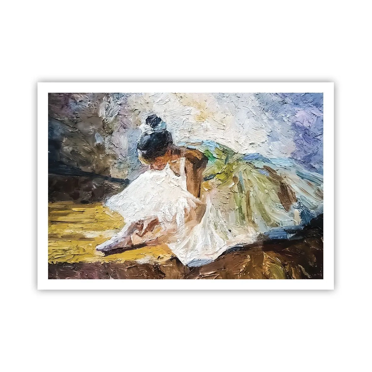 Affiche - Poster - Une ballerine en robe blanche dans un style pictural sur un fond impressionniste. - 100x70cm - D'après un tableau de Degas - Décoration murale moderne pour le salon et la chambre ARTTOR