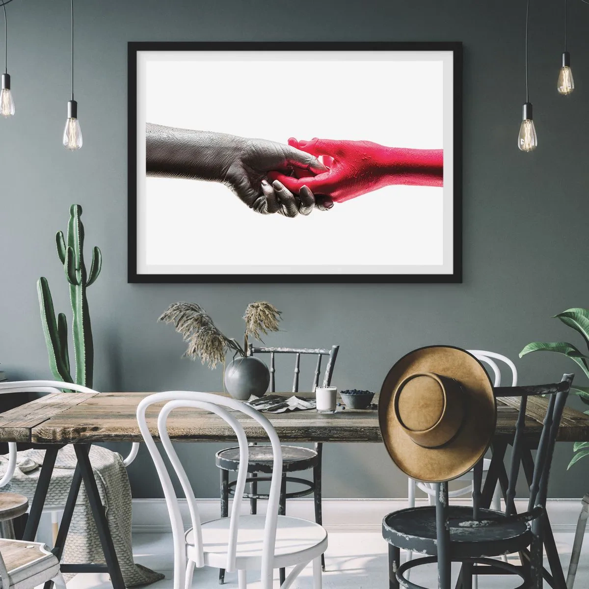 Affiche dans un cadre noir - Poster - Aiguilles symboliques en argent et rouge - 70x50cm - Ensemble, bien que différents - Décoration murale moderne pour le salon et la chambre ARTTOR