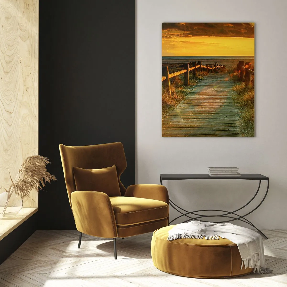 Impression sur verre - Image sur verre - Un chemin en bois menant vers le soleil couchant - 50x70cm - Baigné dans le vieil or - Décoration murale moderne pour le salon et la chambre ARTTOR