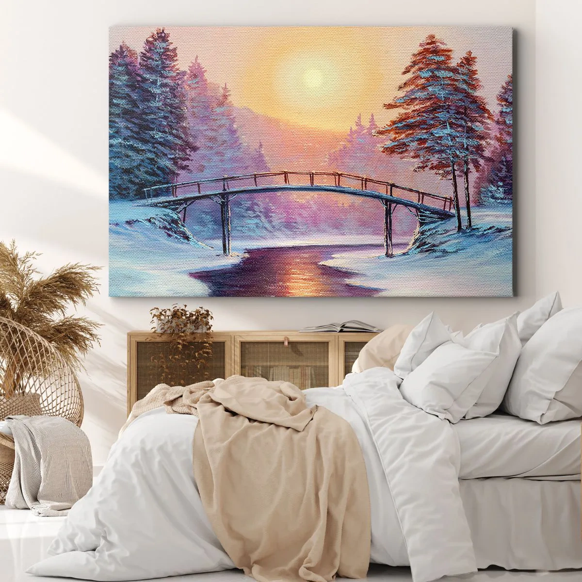 Impression sur toile - Image sur toile - Paysage d'hiver avec un pont illuminé par le coucher du soleil - 100x70cm - Quatre saisons - hiver - Décoration murale moderne pour le salon et la chambre ARTTOR