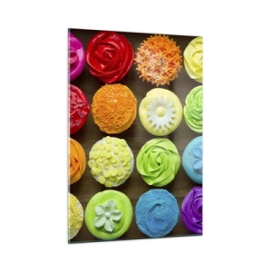 Impression sur verre - Image sur verre - Cupcakes colorés avec décorations sur fond en bois - 50x70cm - Tous différents - tous délicieux - Décoration murale moderne pour le salon et la chambre ARTTOR