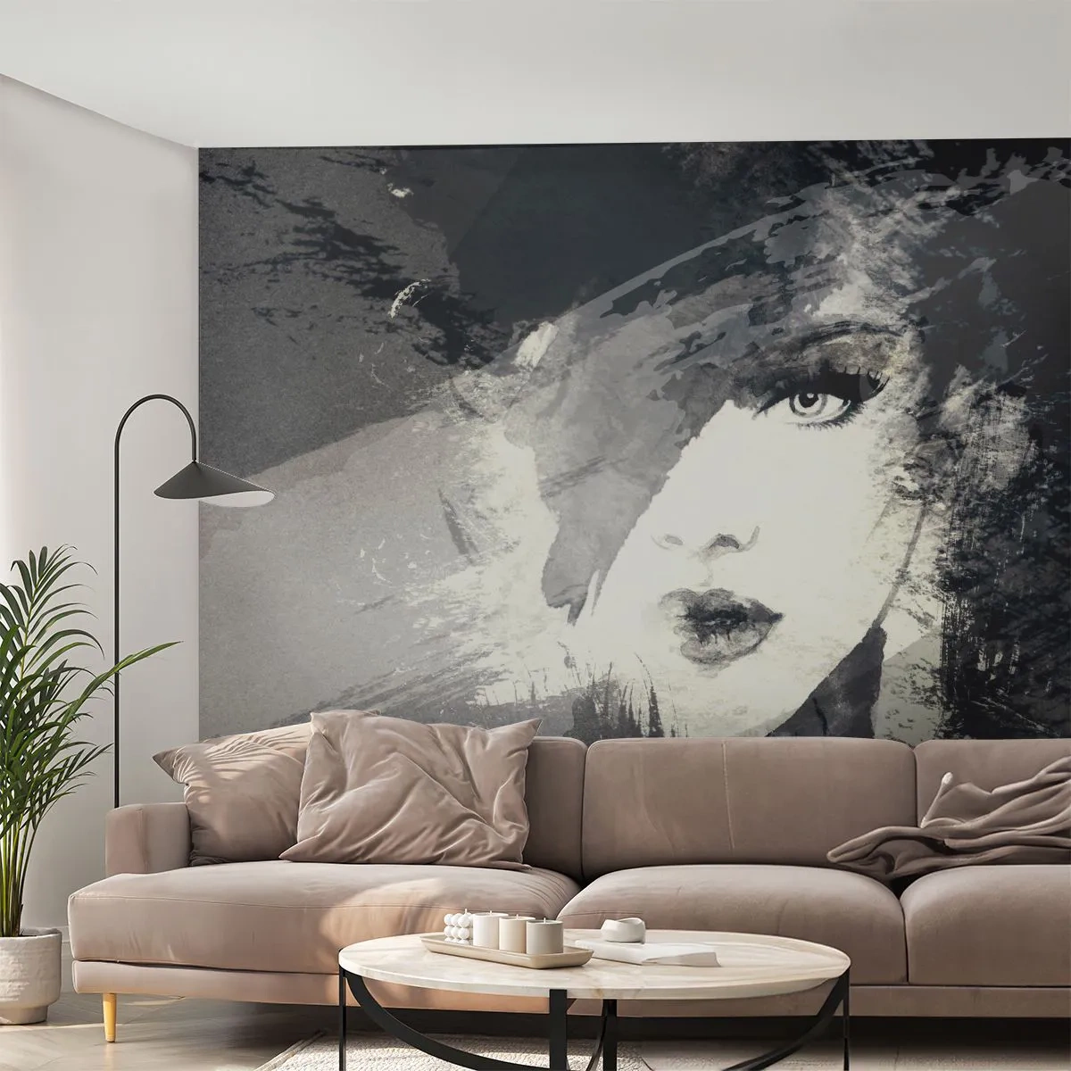 Papier Peint Photo Standard Eco - Portrait abstrait d'une femme en nuances de noir et blanc - 100x70cm - Derrière un voile gris - Décoration murale moderne pour le salon et la chambre ARTTOR