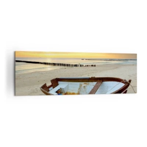 Impression sur toile - Image sur toile - Un bateau sur une plage de sable au coucher du soleil - 160x50cm - Il n'y a pas de plus belles plages - Décoration murale moderne pour le salon et la chambre ARTTOR