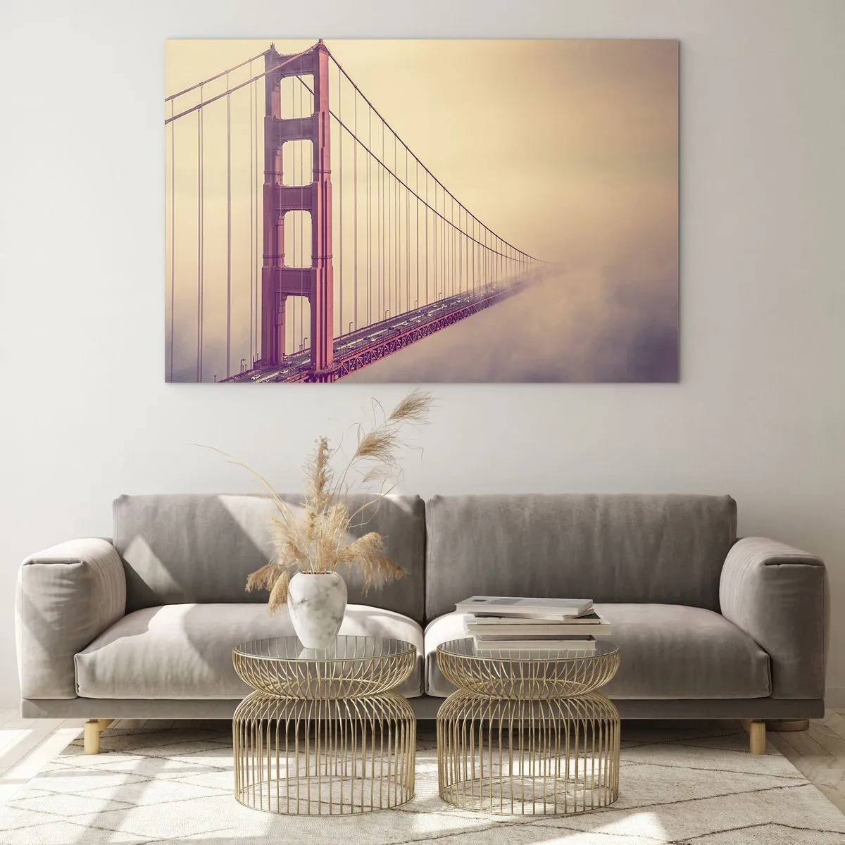 Impression sur verre - Image sur verre - Le Golden Gate Bridge de San Francisco dans un paysage brumeux - 70x50cm - Entre ciel et terre - Décoration murale moderne pour le salon et la chambre ARTTOR
