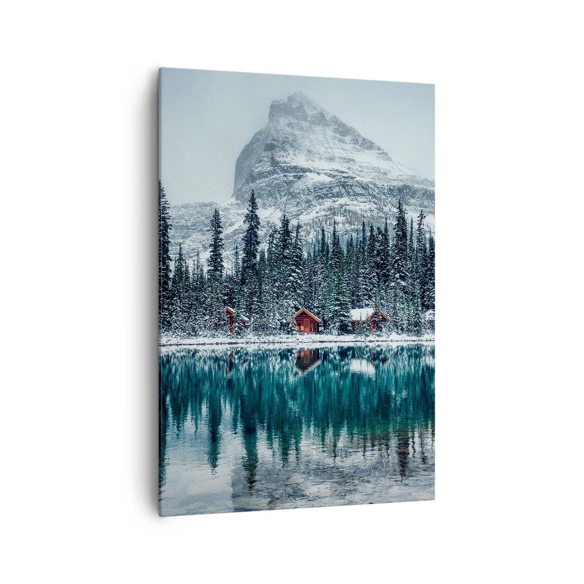 Impression sur toile - Image sur toile - Paysage d'hiver avec des chalets dans la forêt au bord d'un lac gelé - 70x100cm - Retraite canadienne - Décoration murale moderne pour le salon et la chambre ARTTOR