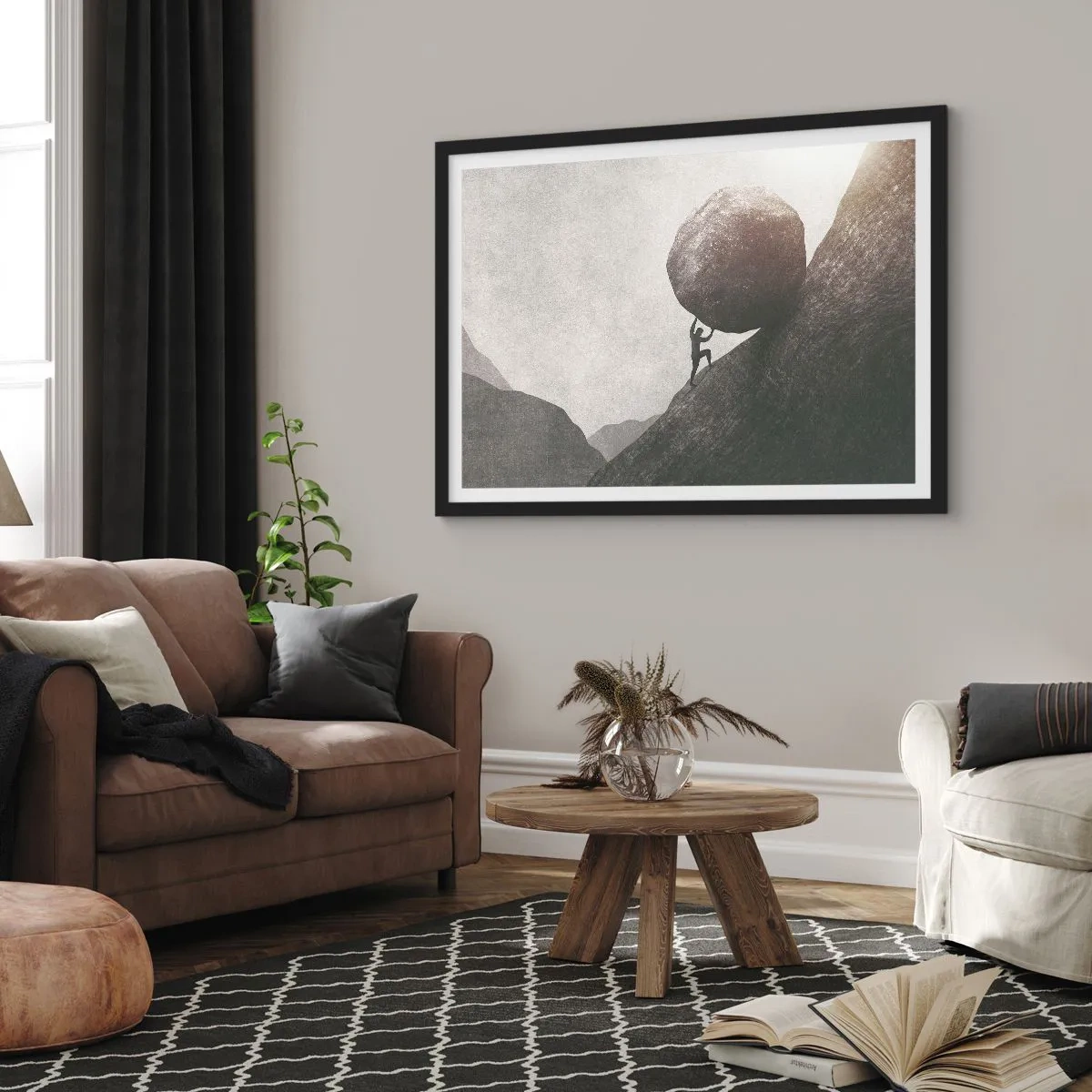 Affiche dans un cadre noir - Poster - Un homme escaladant un énorme rocher sur une colline - 70x50cm - Je crois contre tout espoir - Décoration murale moderne pour le salon et la chambre ARTTOR