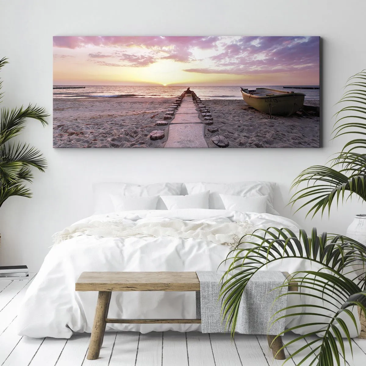 Impression sur toile - Image sur toile - Plage au lever du soleil avec bateau et jetée - 120x50cm - Moment d'expérience profonde - Décoration murale moderne pour le salon et la chambre ARTTOR