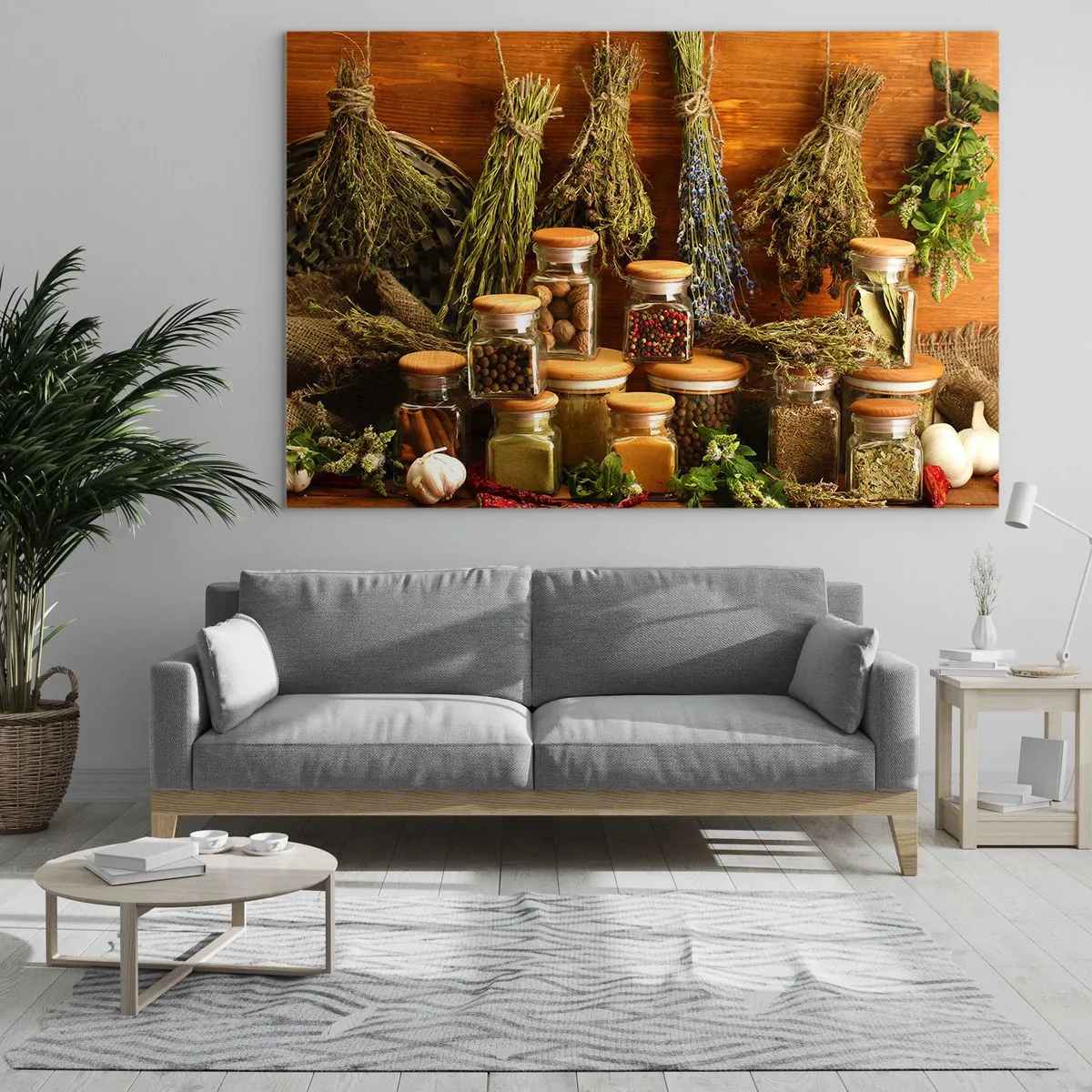 Impression sur verre - Image sur verre - Herbes et épices en pots sur fond de bois - 120x80cm - Sortilèges de cuisine - Décoration murale moderne pour le salon et la chambre ARTTOR