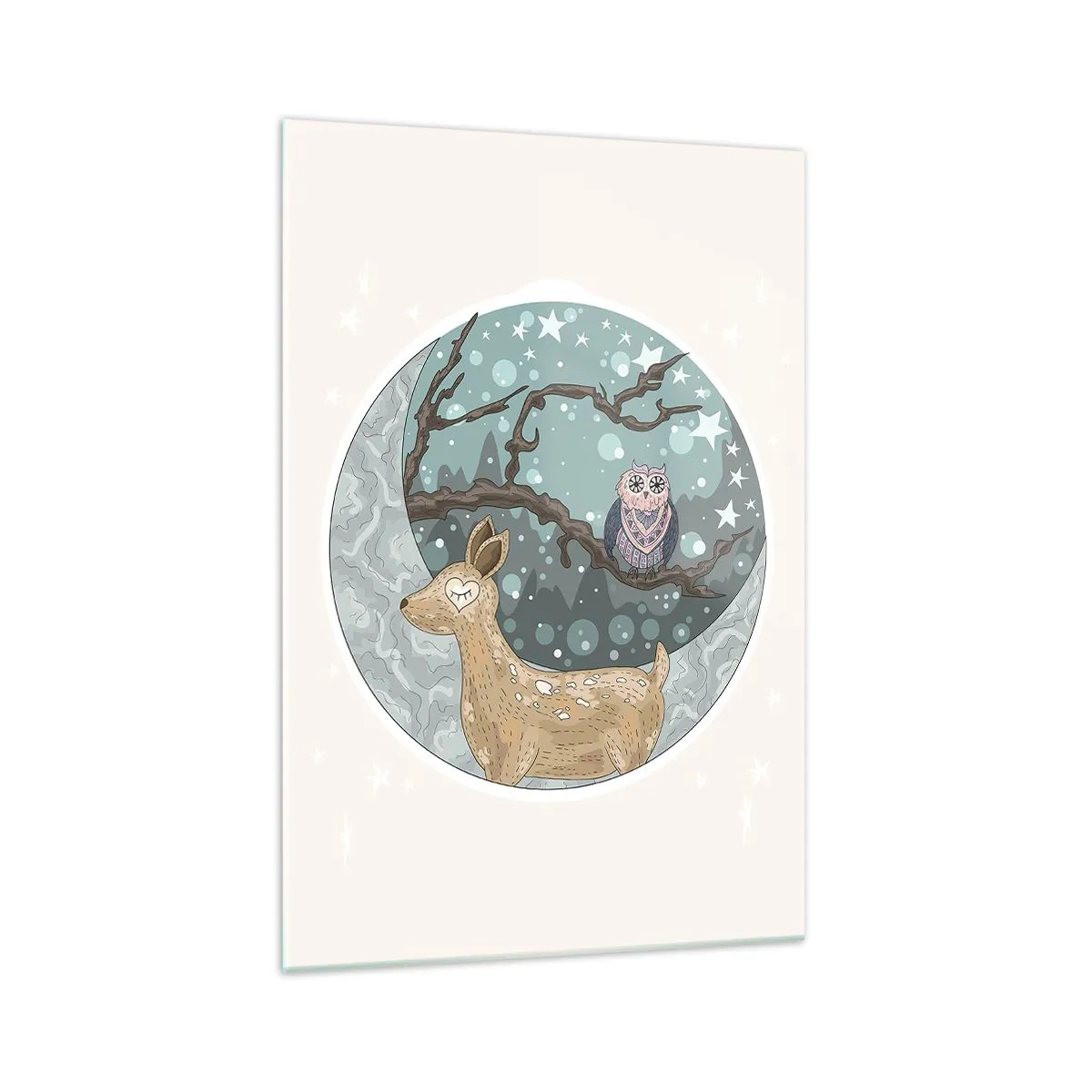 Impression sur verre - Image sur verre - Un cerf et un hibou dans un paysage nocturne de conte de fées - 70x100cm - Une nuit de conte de fées en forêt - Décoration murale moderne pour le salon et la chambre ARTTOR