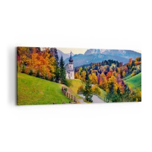 Impression sur toile - Image sur toile - Paysage de montagne d'automne avec une chapelle et un coucher de soleil - 120x50cm - Paysage comme peind - Décoration murale moderne pour le salon et la chambre ARTTOR