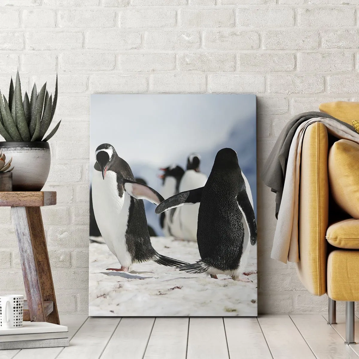 Impression sur toile - Image sur toile - Un groupe de pingouins dans la neige dans un paysage antarctique - 50x70cm - Danser dans la neige - Décoration murale moderne pour le salon et la chambre ARTTOR