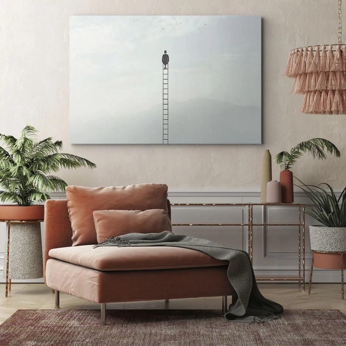 Impression sur toile - Image sur toile - Un homme sur une échelle s'élevant vers le ciel - 70x50cm - Se soulever au-dessus - Décoration murale moderne pour le salon et la chambre ARTTOR