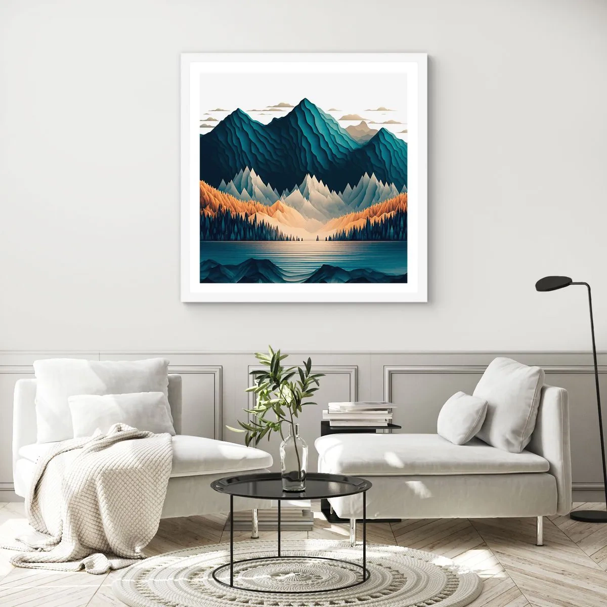 Affiche dans un cadre blanc - Poster - Paysage de montagne parfait - 30x30 cm