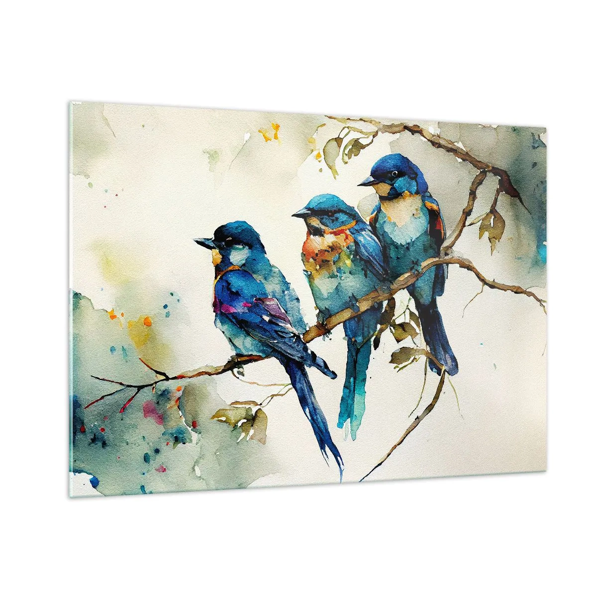 Impression sur verre - Image sur verre - Oiseaux colorés assis sur une branche à l'aquarelle - 100x70cm - A-t-il été offensé ? - Décoration murale moderne pour le salon et la chambre ARTTOR