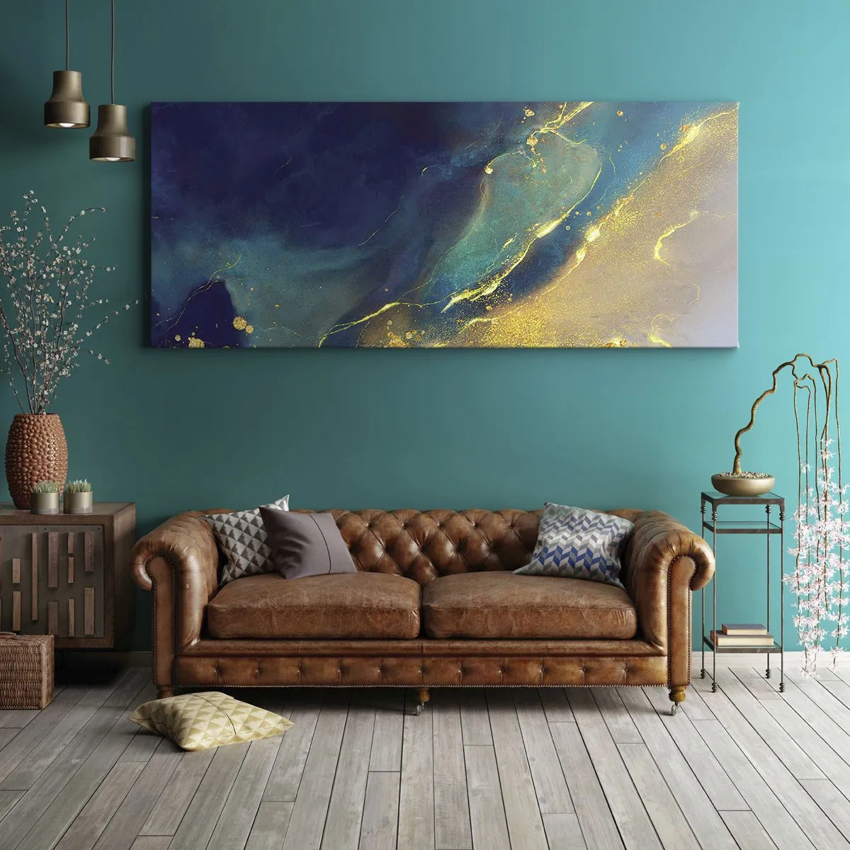 Impression sur toile - Image sur toile - Composition abstraite dans les tons bleu et or sur toile - 160x50cm - Coulée d'or - Décoration murale moderne pour le salon et la chambre ARTTOR